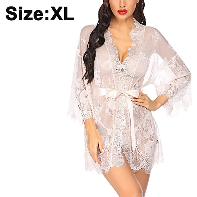 Lencería para Mujer, Kimono de Encaje, Vestido Sexy, Mangas Anchas, Conjunto de lencería Sexy, Conjunto de Ropa Interior Negligee, Bata Transparente con cinturón de Satén