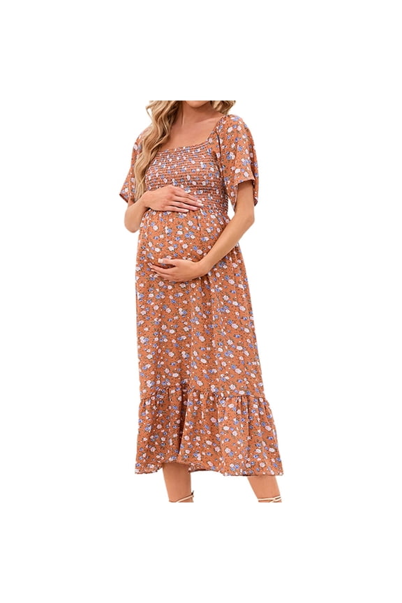 Maternity Dress for Women Floral Square Neck Maternity Maxi Dress Elegant Smocked Waist Flowy A-Line Casual Long Dress for Pregnancy Photoshoot Maternity Clothes