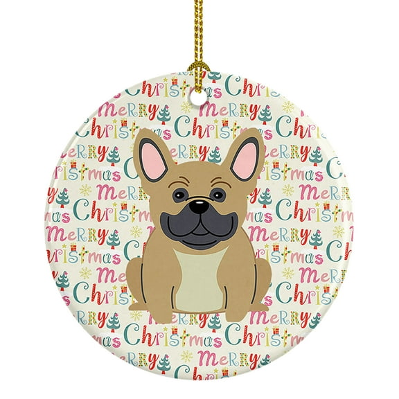 Merry Christmas French Bulldog Cream Ceramic Ornament 2.8 in x 2.8 in