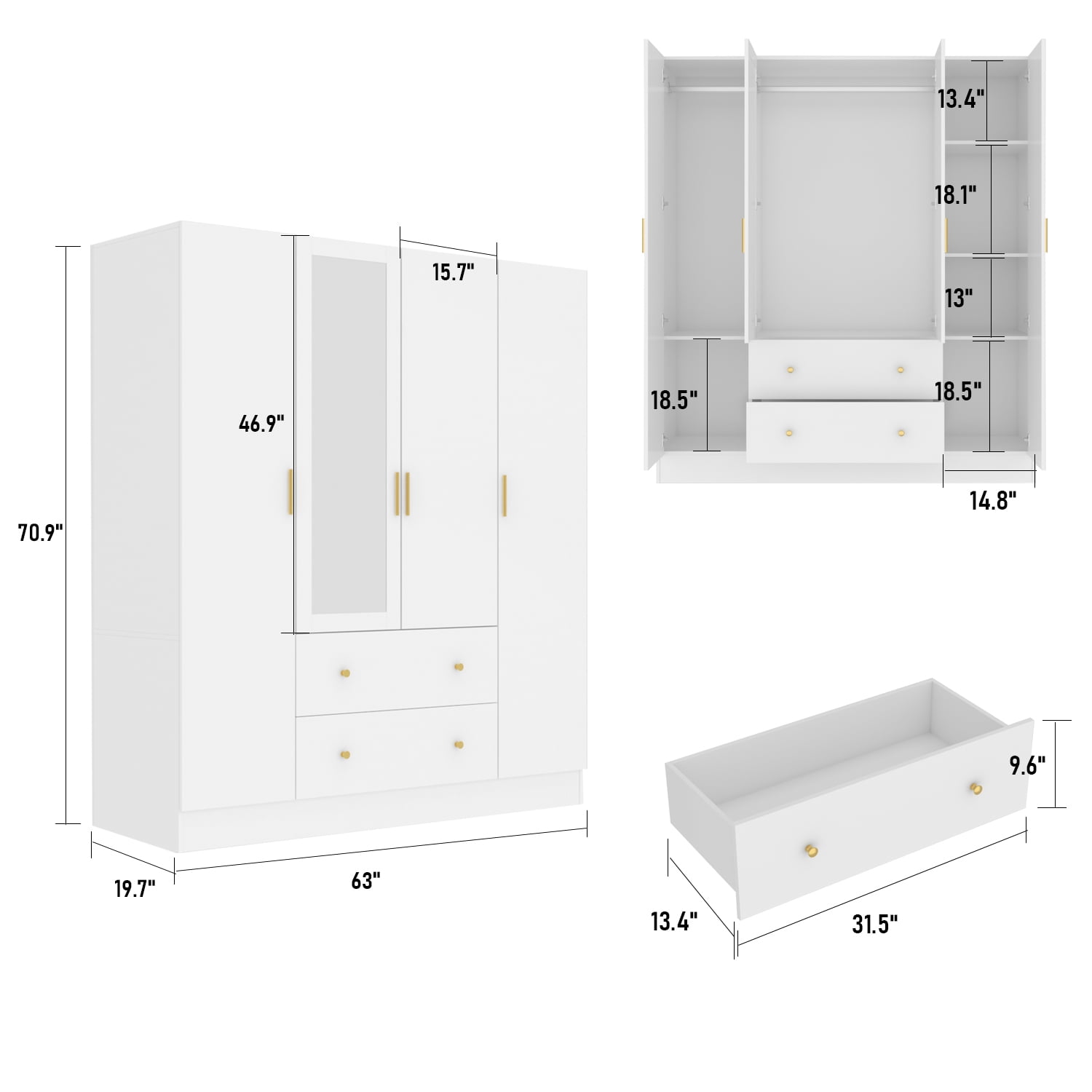 OxyLife Large Storage Cabinet with Mirror and 2 Drawers, Bedroom Armoire