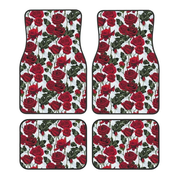 Balery Rose Flowers Pattern 4-Piece Floor Mats, Heavy-Duty Rubber Liners, Anti-Slip Design, All-Season Automotive Protection, Vehicles, Cars, Trucks, and SUVs