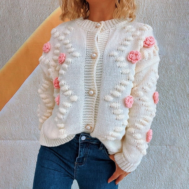 Women's 3D Floral Knit Cardigan, Cute Flower Button Up Long Sleeve