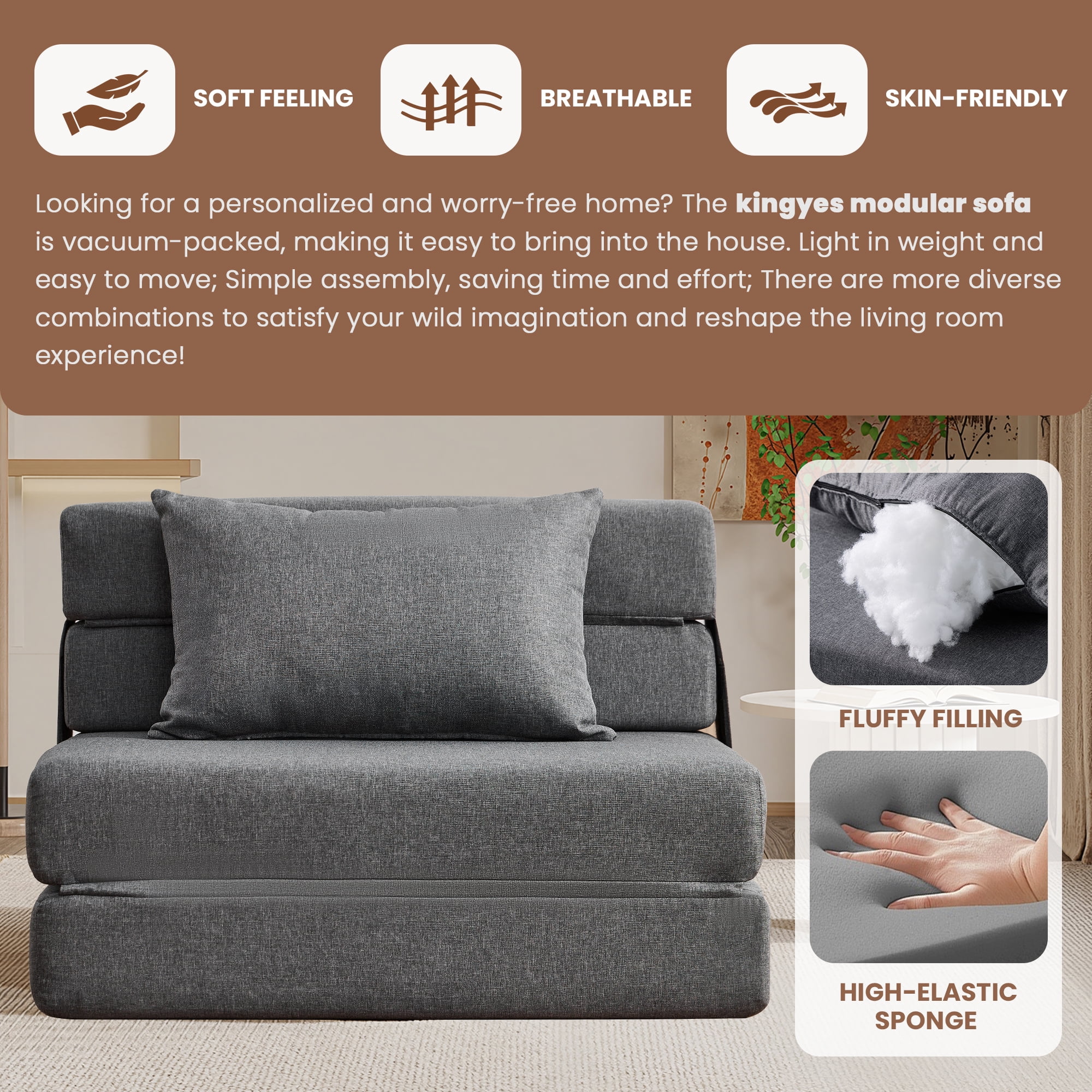 SERWALL Modular Folding Sofa Chair, 4-in-1 Convertible Sofa Bed, Foldable Sofa Chair for Bedroom, Grey