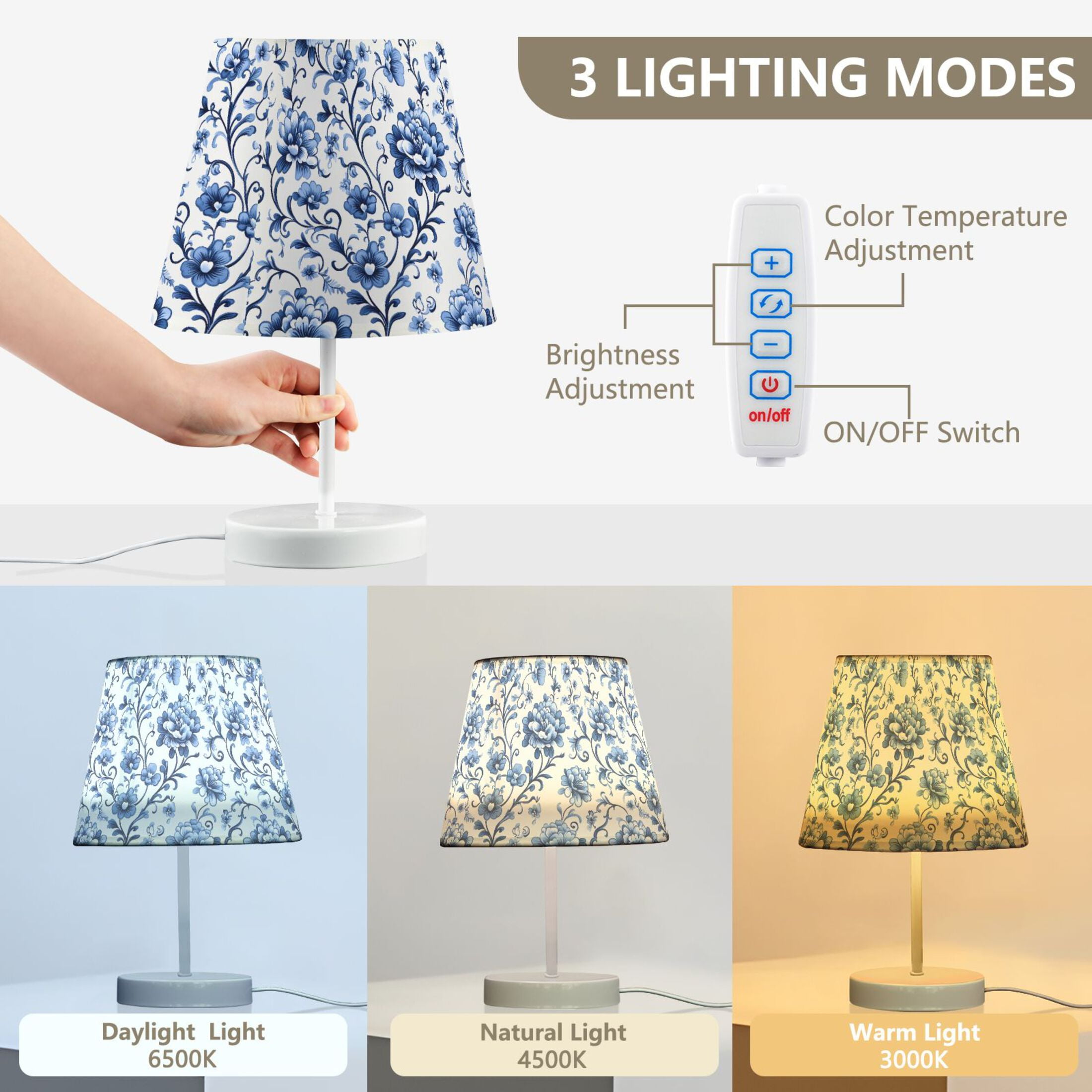 LED Desk Lamp Floral with Blue Flowers Table Nightstand Lamps with 3 Color Temperatures for Home Bedroom Living Room Decor 6x11