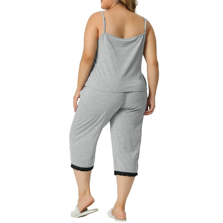 Unique Bargains Women s Plus Size Pajamas Sets Lace Trim V Neck Sleepwear 2X Gray Walmart