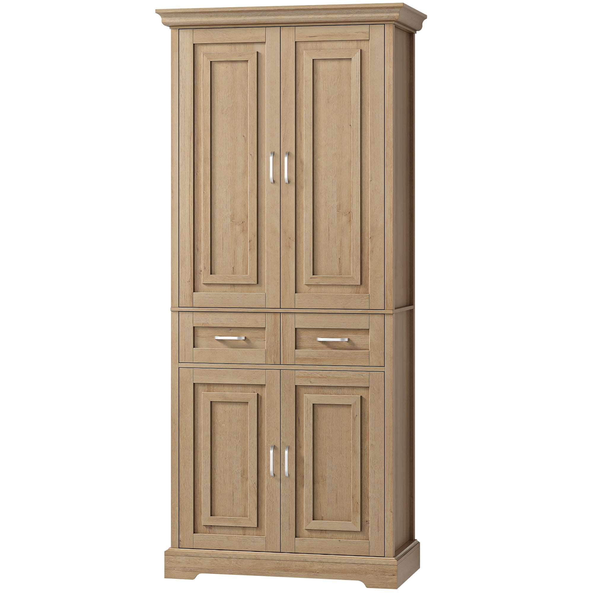 Homfa 70.9'' Tall Kitchen Pantry with 4 Doors, 2 Drawer Modern Freestanding Storage Cabinet for Dining Room Living Room, Nature Wood