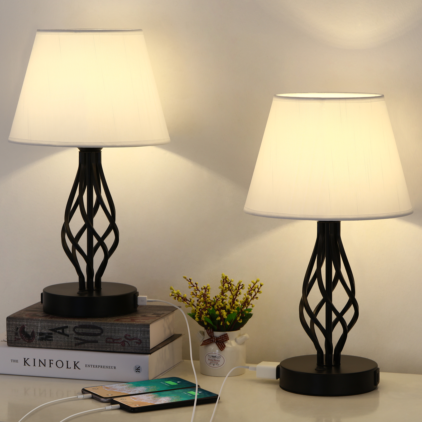 Set of 2 USB Table Lamp with AC Outlet Nightstand Lamp with Fabric