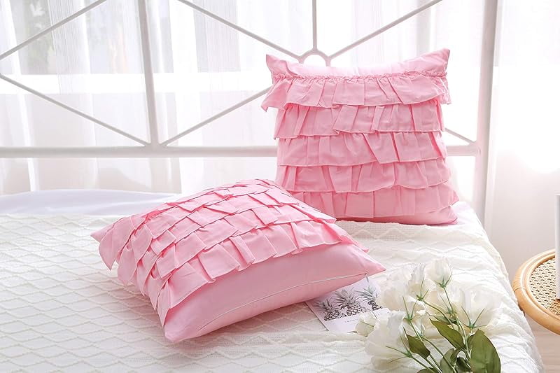 Bright Pink Throw Pillow Covers with Waterfall Ruffles 5 Lays Square Cushion Cases Egypt Cotton 18"X18" 2-Pack