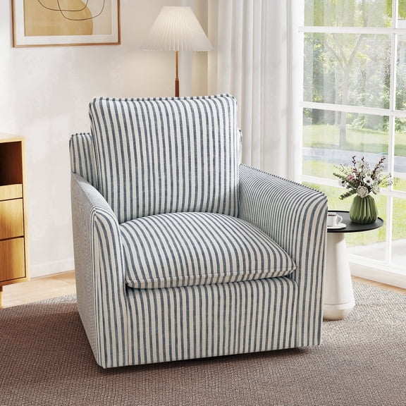 Ebello 360° Swivel Chair with Thick Padded Backrest Cushion – Fabric Square Accent Chair for Living Room, Bedroom, Office – Fully Assembled, Blue Stripe