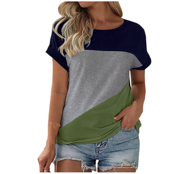 Fiudx Ropa de Mujer Top/Camisa de Cuello Redondo de Manga Corta con Bloques de Color para Mujer