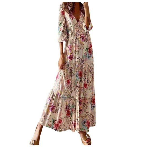 Vestido largo de manga 3/4 con cuello en V y estampado informal de gasa de verano para mujer a la moda Fridja yut2896