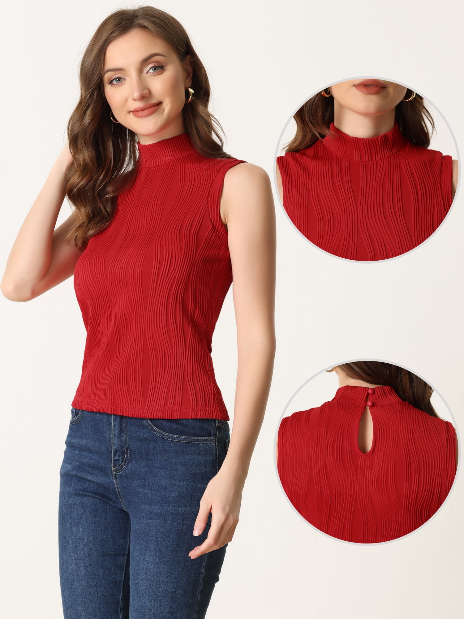DARING DIVA Women's Sleeveless Ribbed Knit Mock Neck Tank Tops XS Red