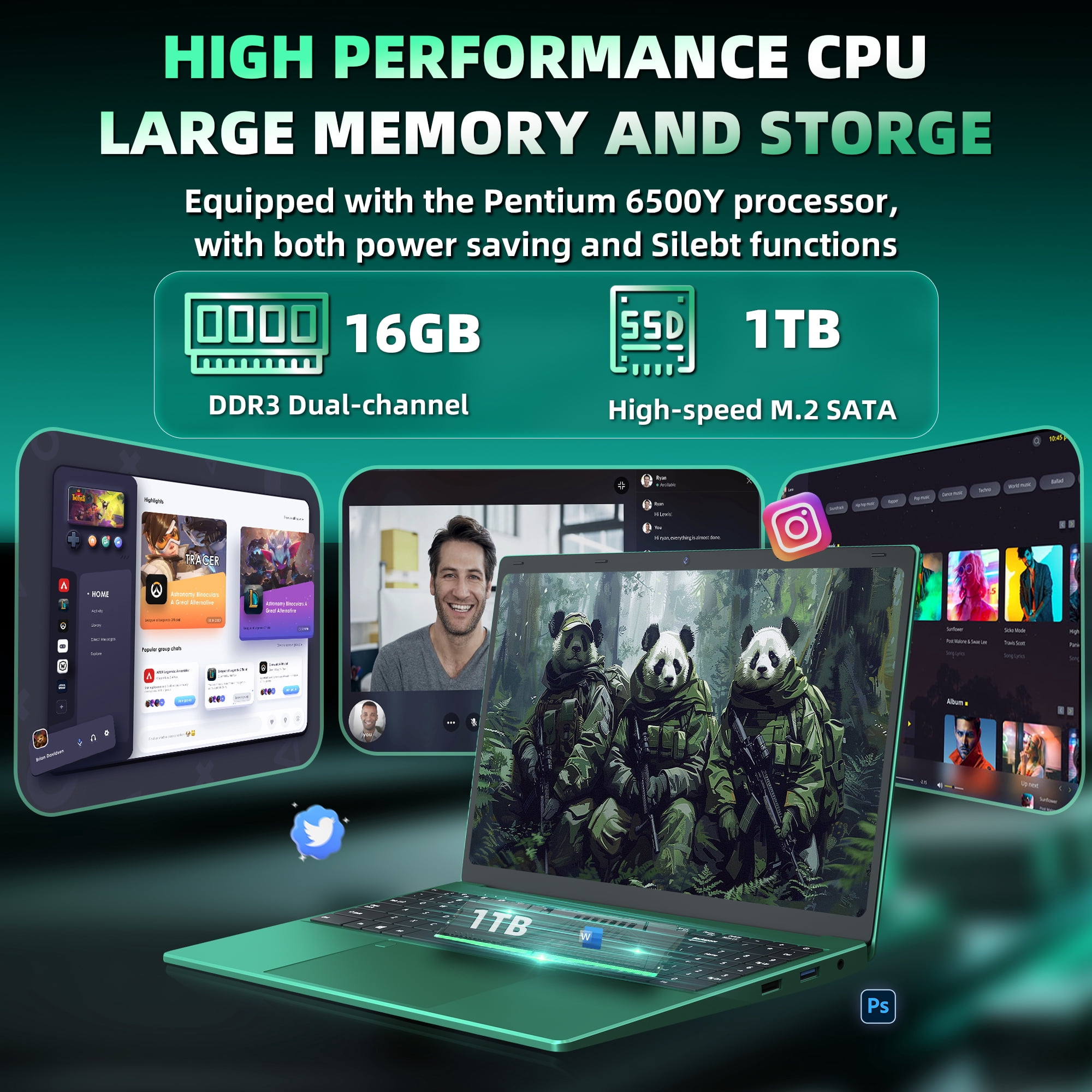 Rumtuk 16" Green Laptop, DDR4 16GB RAM, 1TB SSD, Win 11 Pro/Office 2019, Celeron N5105 CPU, FHD IPS Display, Backlit KB, Fingerprint, USB 3.0, HDMI, WiFi/BT, PC Notebook for Work, Study