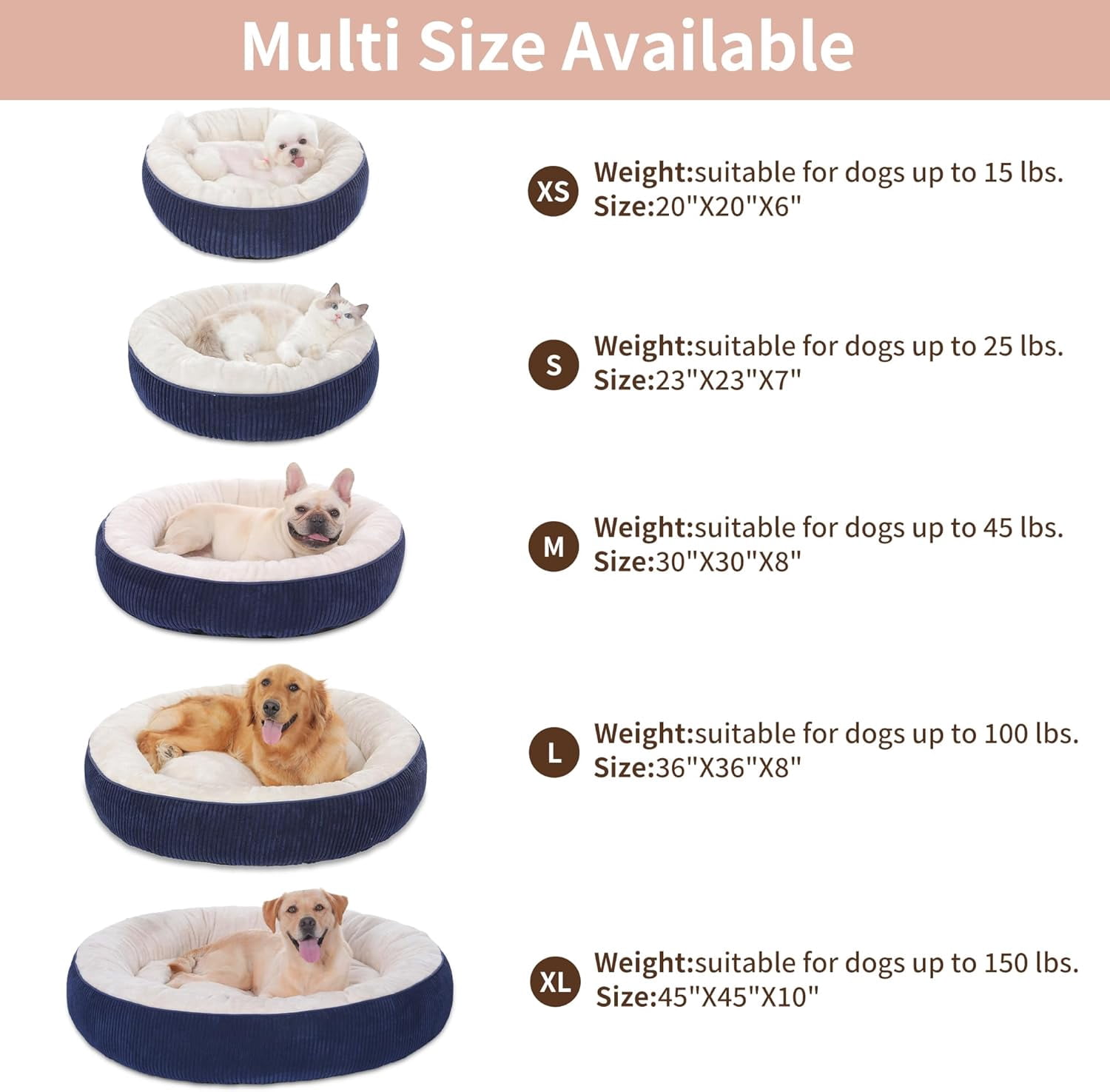 Donut Dog Bed,36 Inches Calming Round Dog Beds for Large Dogs,Washable Anti Anxiety Cuddler Dog Bed with Removable Cover(Navy Blue,Large)
