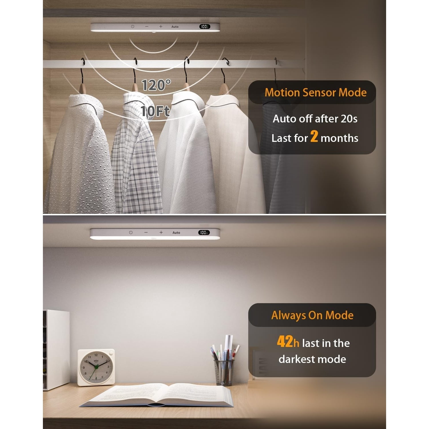 Motion Sensor Light Indoor, Battery Display, 60 LED Touch Light Bar, Under Cabinet Lights Rechargeable, Battery Operated Closet Light Wireless, Stick on Under Counter Lights for Kitchen(4 Pack)