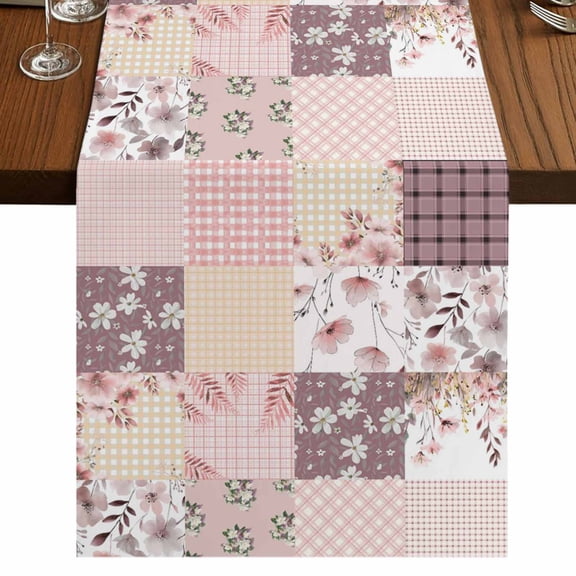 Table Runners 72 Inches Long Dress Scarves, Boho Spring Floral Farmhouse Kitchen/Dining Table Runner, Coffee Tablerunners, Vintage Flowers Patchwork Plaid Pink 14x72 Inch