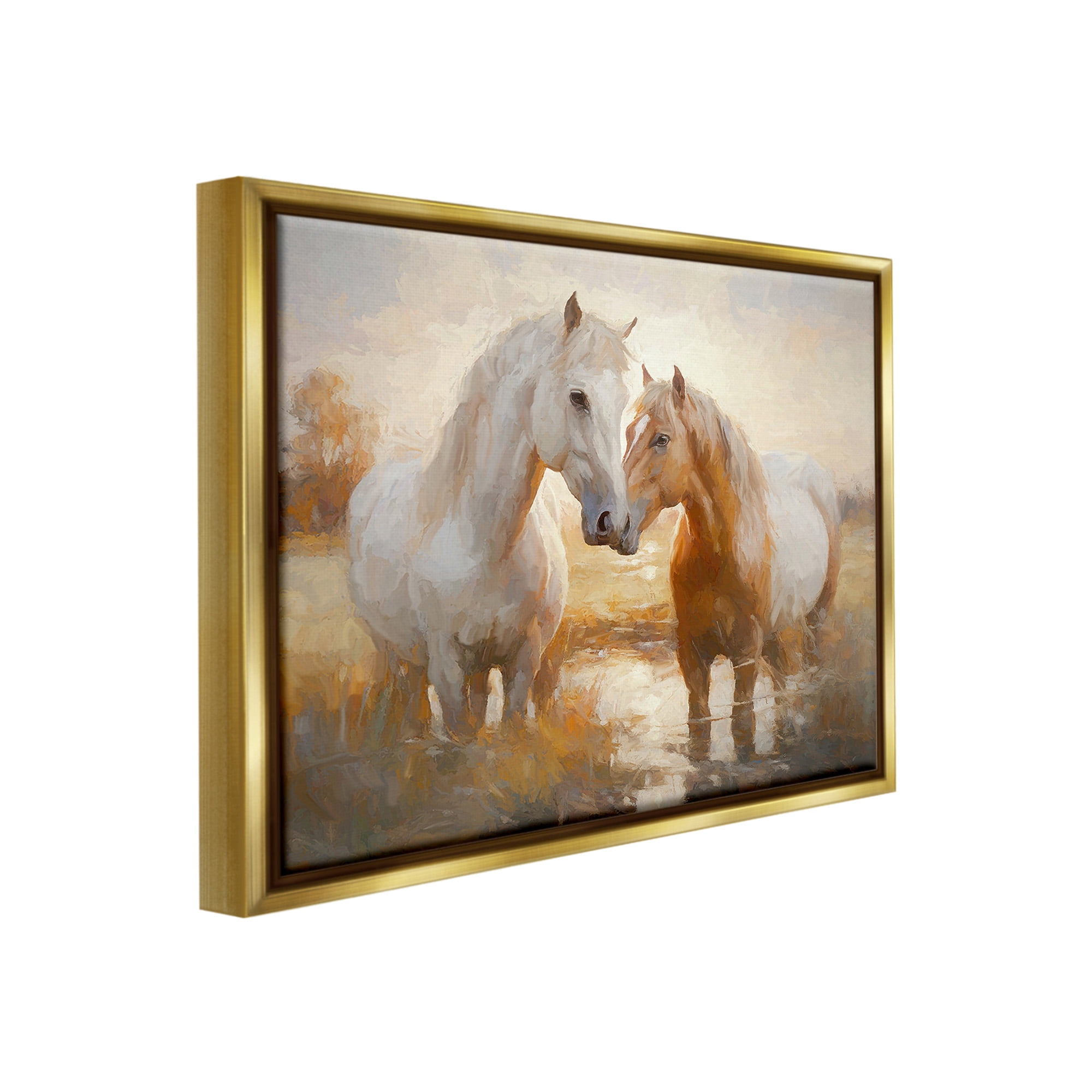 Stupell Industries Horses in Shallow Creek Animals & Insects Painting Gold Floater Framed Canvas Art Print Wall Art, 31 x 25