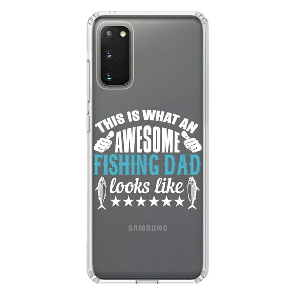 DistinctInk Clear Shockproof Hybrid Case for Galaxy S20 PLUS / 5G (6.7" Screen) - TPU Bumper Acrylic Back Tempered Glass Screen Protector - This is What Awesome Fishing Dad Looks Like