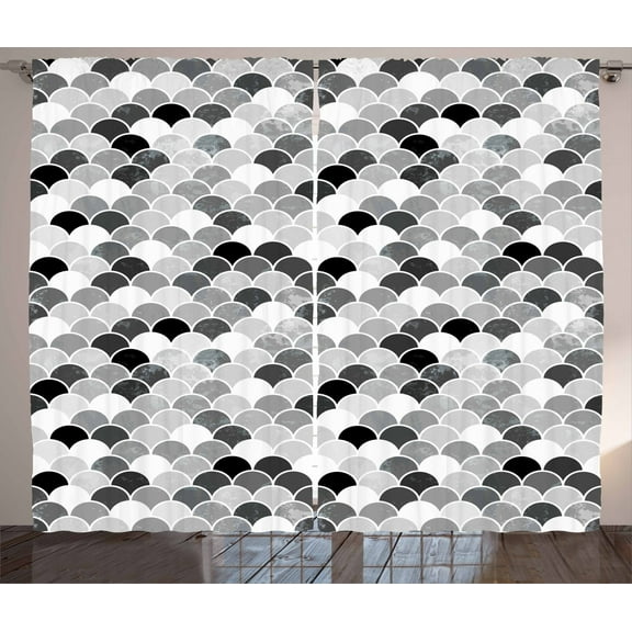 Ambesonne Fish Curtains 2 Panel Set, Squama Motif and Scales, 108" x 63", Black Grey White
