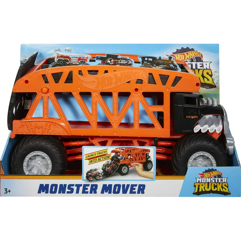 Hot Wheels - Transporteur Monster Mover et 3 Véhicules Monster Trucks