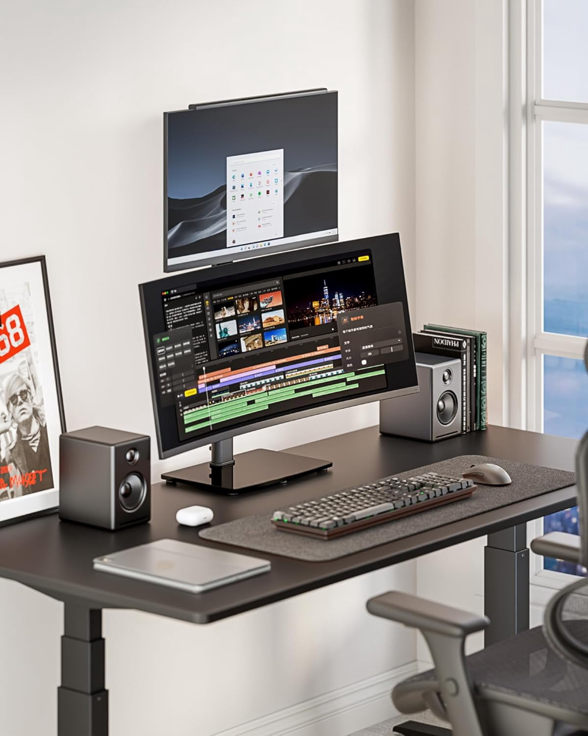Vertical Dual Monitor Stand for 17–34 Inch Screens, Stacked Monitor Mount with 33.3" Pole & 12 Height Settings, Freestanding Desk Monitor Riser, Full Motion ±45° Tilt ±30° Swivel, 75/100 VESA