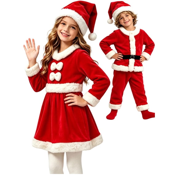 Girls Christmas Red Velvet Long Sleeve Round Neck Dress Holiday Party Celebration Dress for Kids