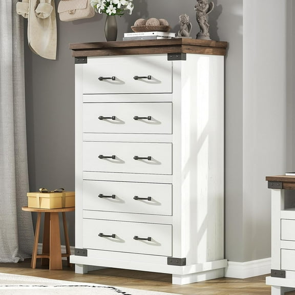 Merluxy Farmhouse 5 Drawers Dresser Chests for Bedroom,Heavy Duty Closet Storage,Living Room,White