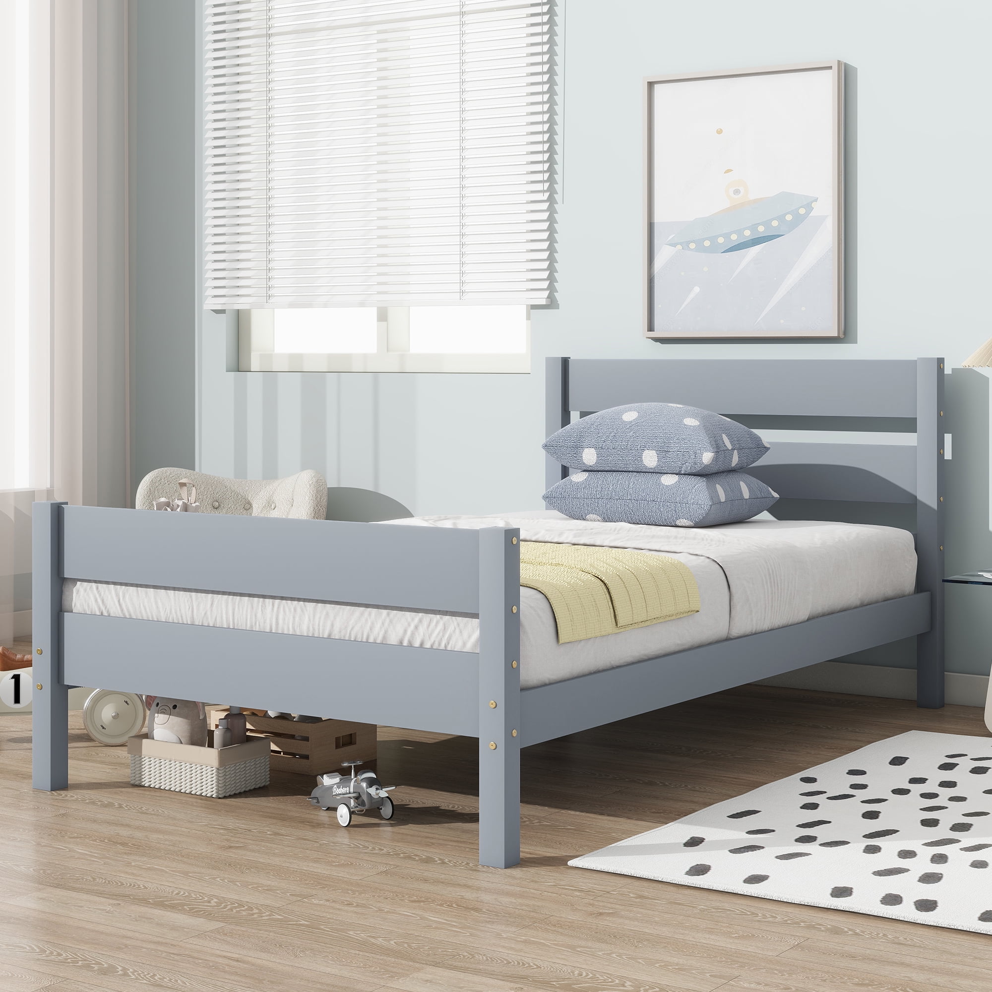 Rubber Wood Twin Platform Bed with Solid Headboard & Footboard, 10 Plywood Slats Underbed Storage Design Holds 250LBS Fits ≤6 Inch Mattress No Box Spring Needed