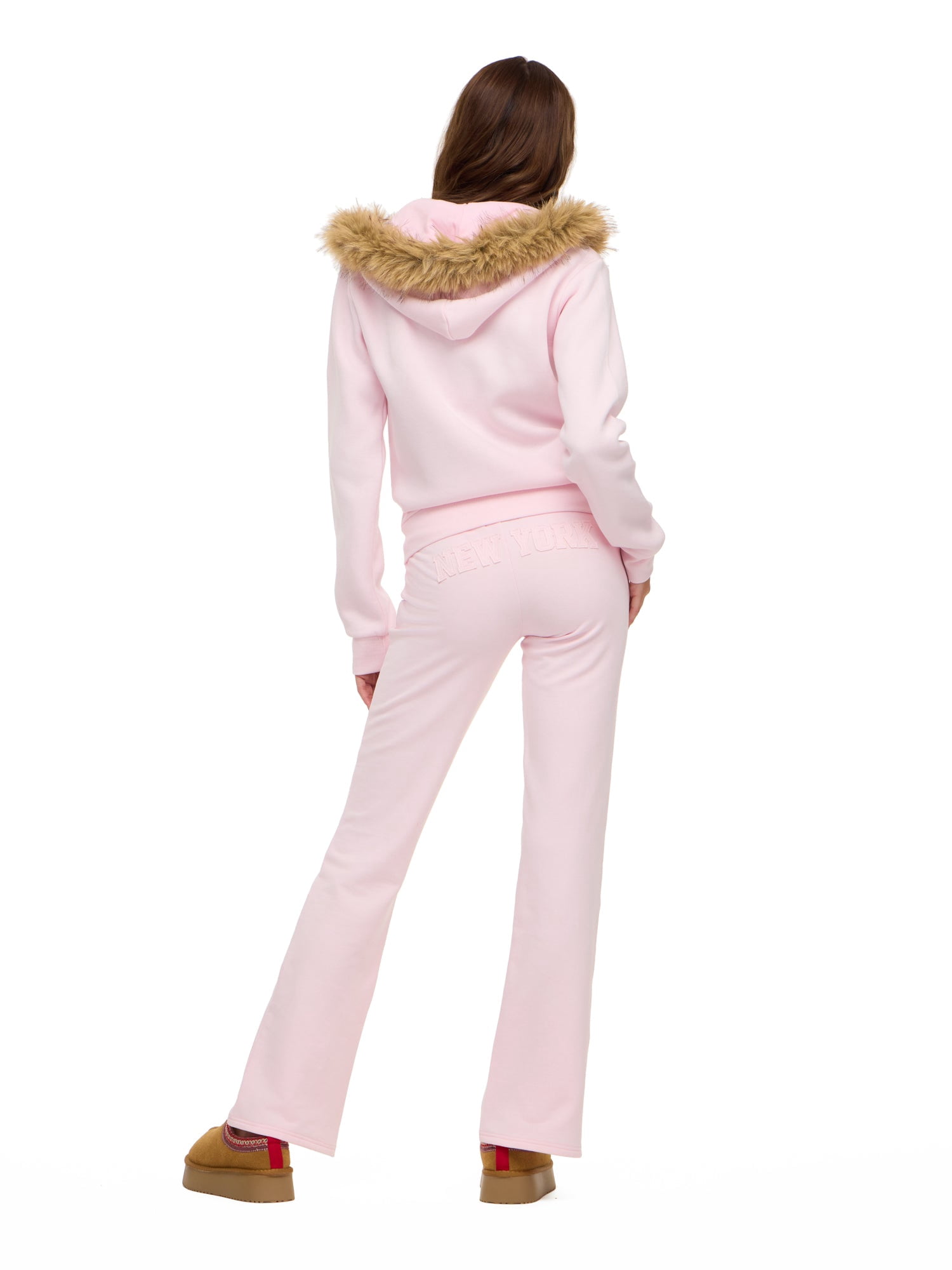 Forever 21 Women's Fitted Fleece Zip Up Hoodie with Fur Hood and Tonal Patch Detail, Soft Casual Sweatshirt Jacket, Pink, XXS-XXL