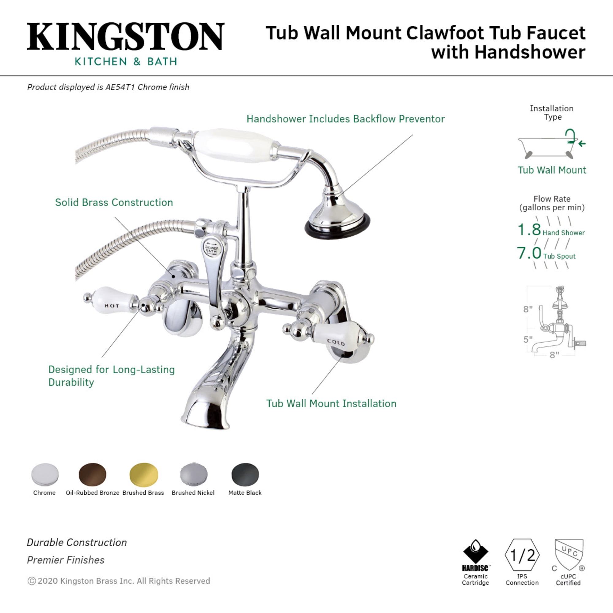 Kingston Brass AE53T7 Aqua Vintage Wall Mount Tub Faucet with Hand Shower, Brushed Brass