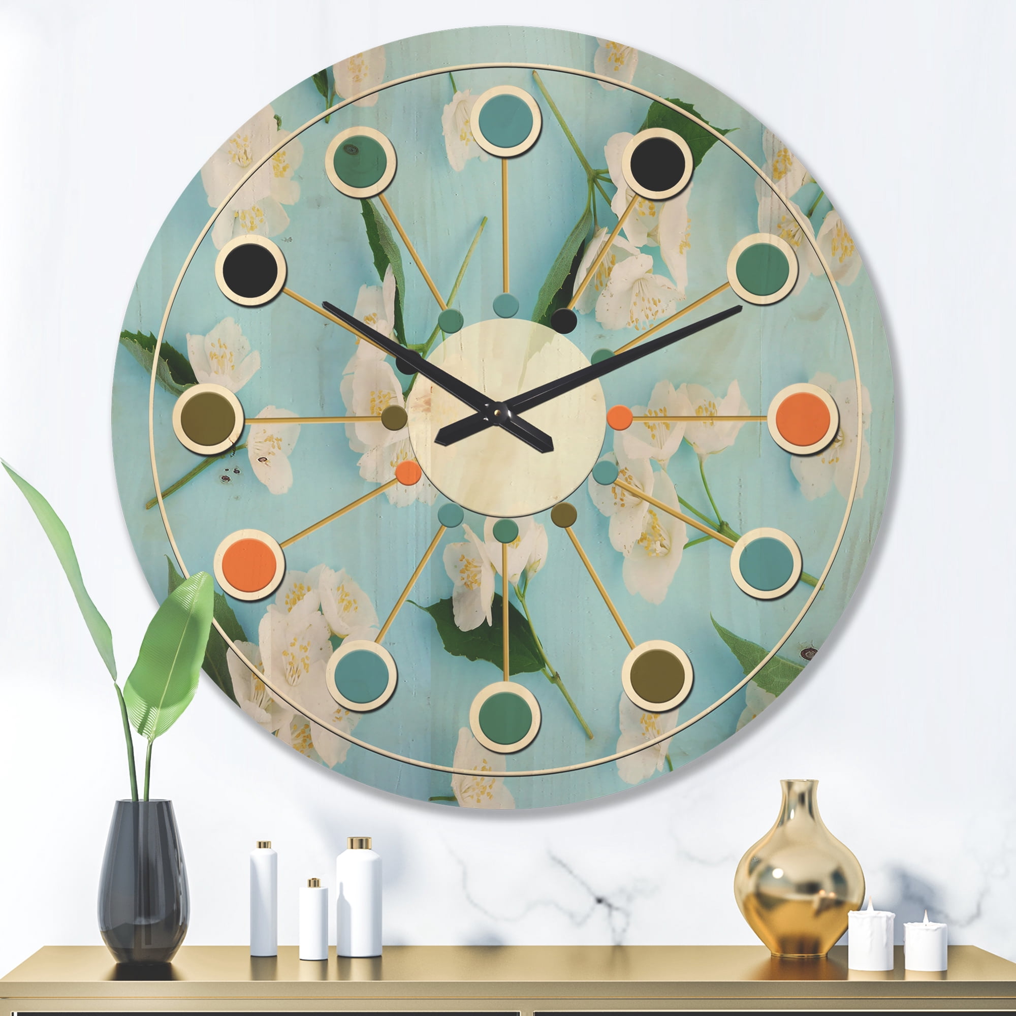 Designart 'Jasmine White Flowers On Bright Blue' Mid-Century Modern Wood Wall Clock