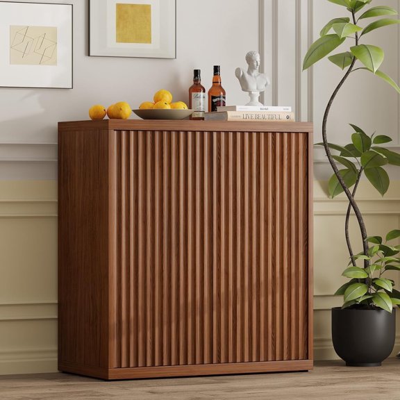 Kuublock 31” Sideboard Cabinet with Storage, Fluted Accent Cabinet with Adjustable Shelves, Modern Wood Credenza Cabinets with Pop-up Doors for Entryway Kitchen Living Room Hallway, Walnut