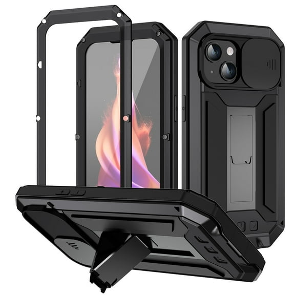 Heavy Duty Rugged Case for iPhone 15 Plus with Camera Lens Sliding Kickstand, Triple-Layer Military Grade Metal Frame Shockproof Cover with Screen Protector Dustproof Protective Case,Black