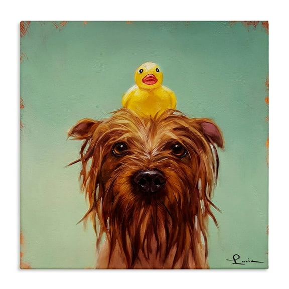 The Stupell Home Decor Collection Wet Dog with a Rubber Ducky Turquoise Bath Painting Stretched Canvas Wall Art, 17 x 17