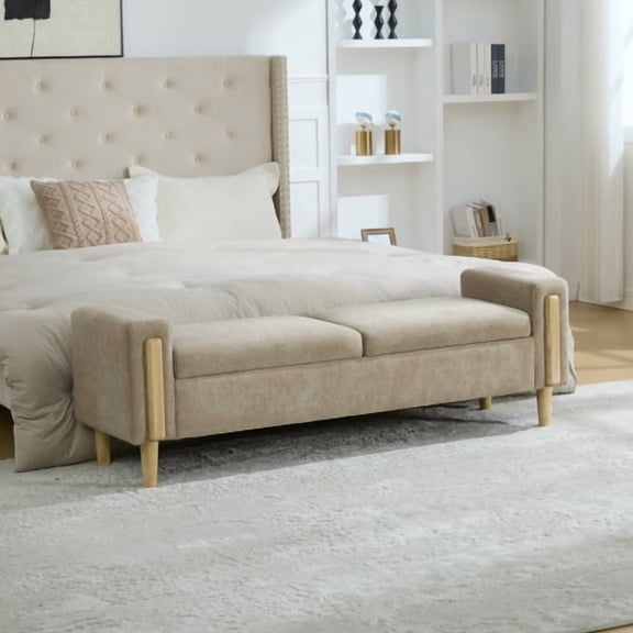 65.67" Wide Modern Upholstered Storage Bench with Double Lids and Armrest, Chenille Fabric, Rubberwood Legs, for Living Room, Entryway, Bedroom, Dormitory, Greige