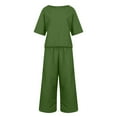 thumbnail image 4 of Dazajoo Two Piece Outfit Summer Plus Size Sets for Women Casual Cotton Linen Outfits Oversized Solid Color Short Sleeve Round Neck T Shirt and Wide Leg Palazzo Pants for Women 2024,Green,M, 4 of 6