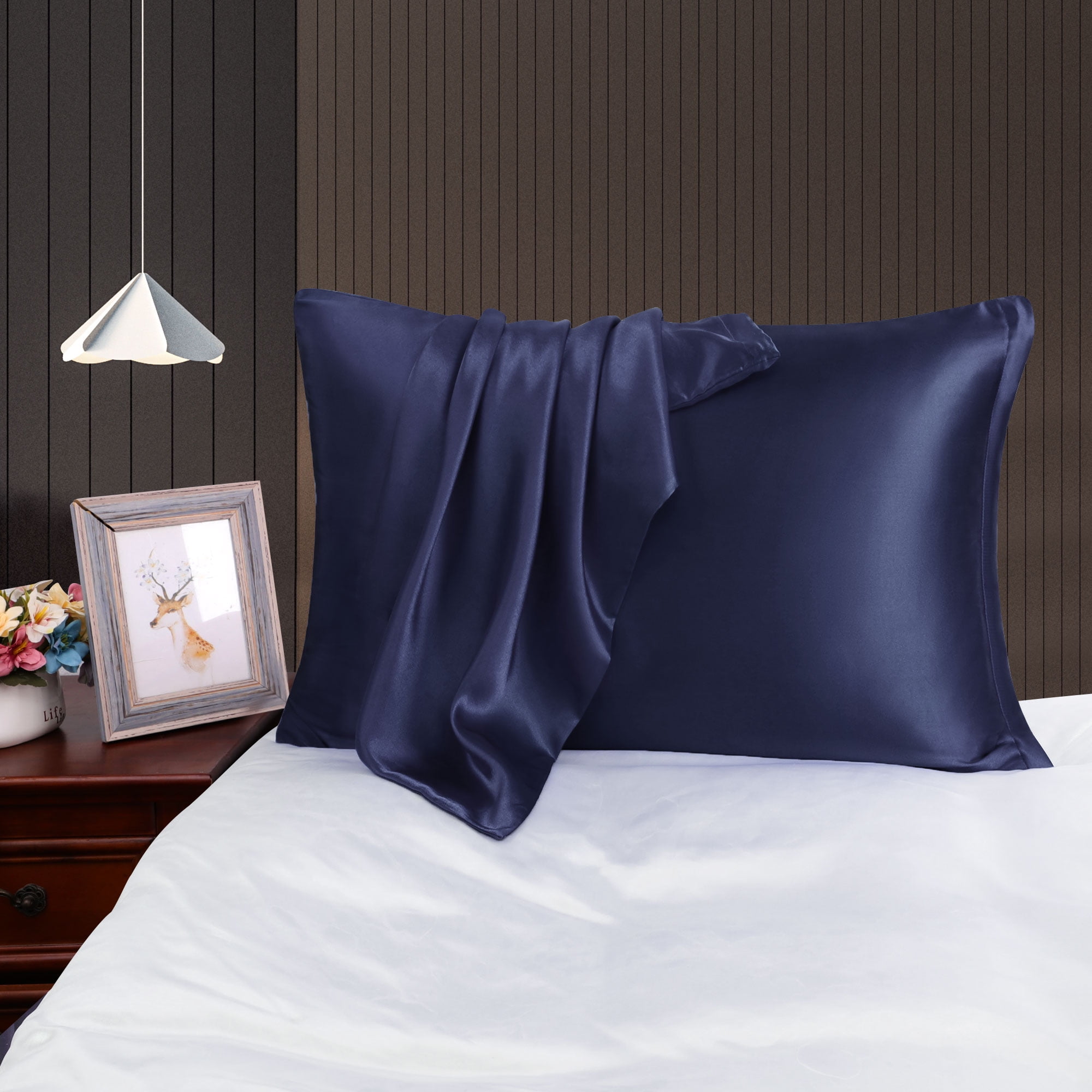 Unique Bargains Satin Set of 2 Zipper Closure Pillowcases Navy 20"x26"