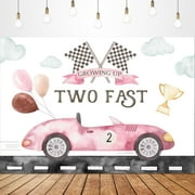 Two Fast 2nd Birthday Backdrop for Photography Feet Girls Kids Boho Watercolor Pink Race Car Cartoon Balloon Cup Cloud Flag Road Party Decorations Photoshoot Background Photo Booth Studio