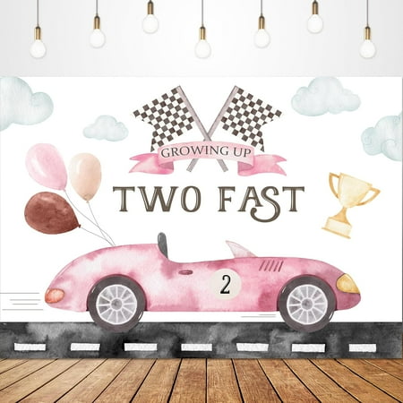 Two Fast 2nd Birthday Backdrop for Photography Girls Kids Boho Watercolor Pink Race Car Cartoon Balloon Cup Cloud Flag Road Party Decorations Photoshoot Background Photo Booth Studio