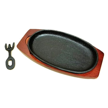 Cast Iron Steak and Fajita Platter Plate w/ wooden holder and lifting (Best Quality Steam Iron)