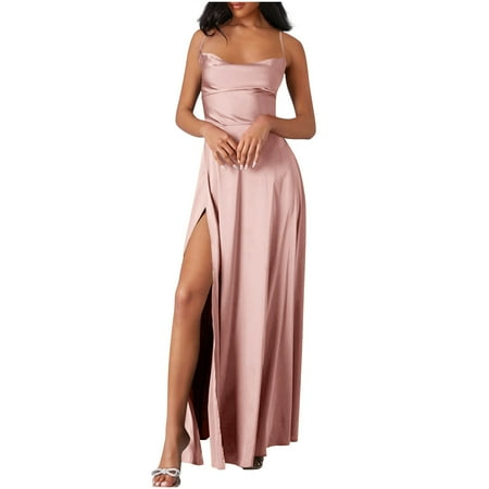 AHTJRT Satin Bridesmaid Dresses Long Formal Pleated Aline Corset Prom Slit Evening Party Gowns Pink#002 12(2XL)