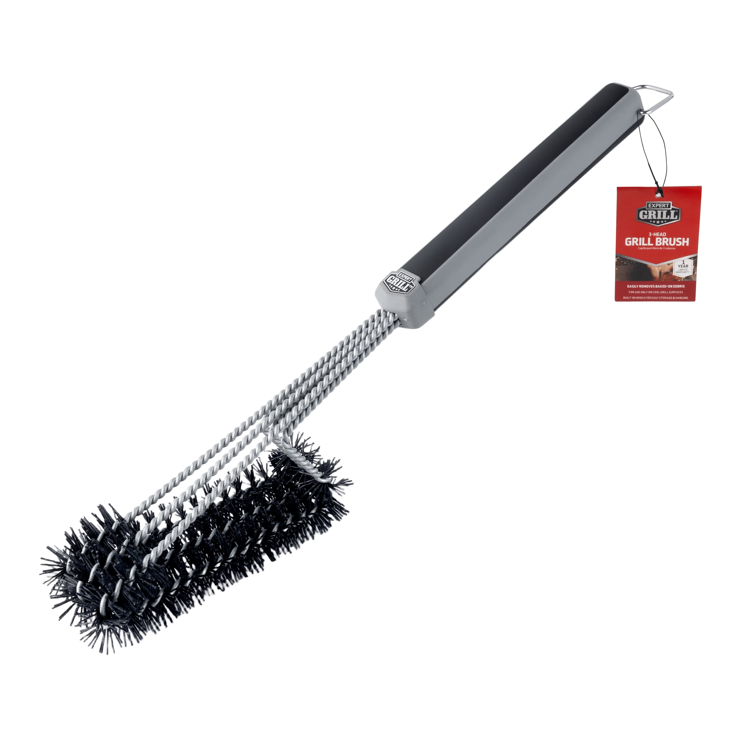 Expert Grill Stainless Steel and Nylon 3-Head Grill Brush, Black & Gray