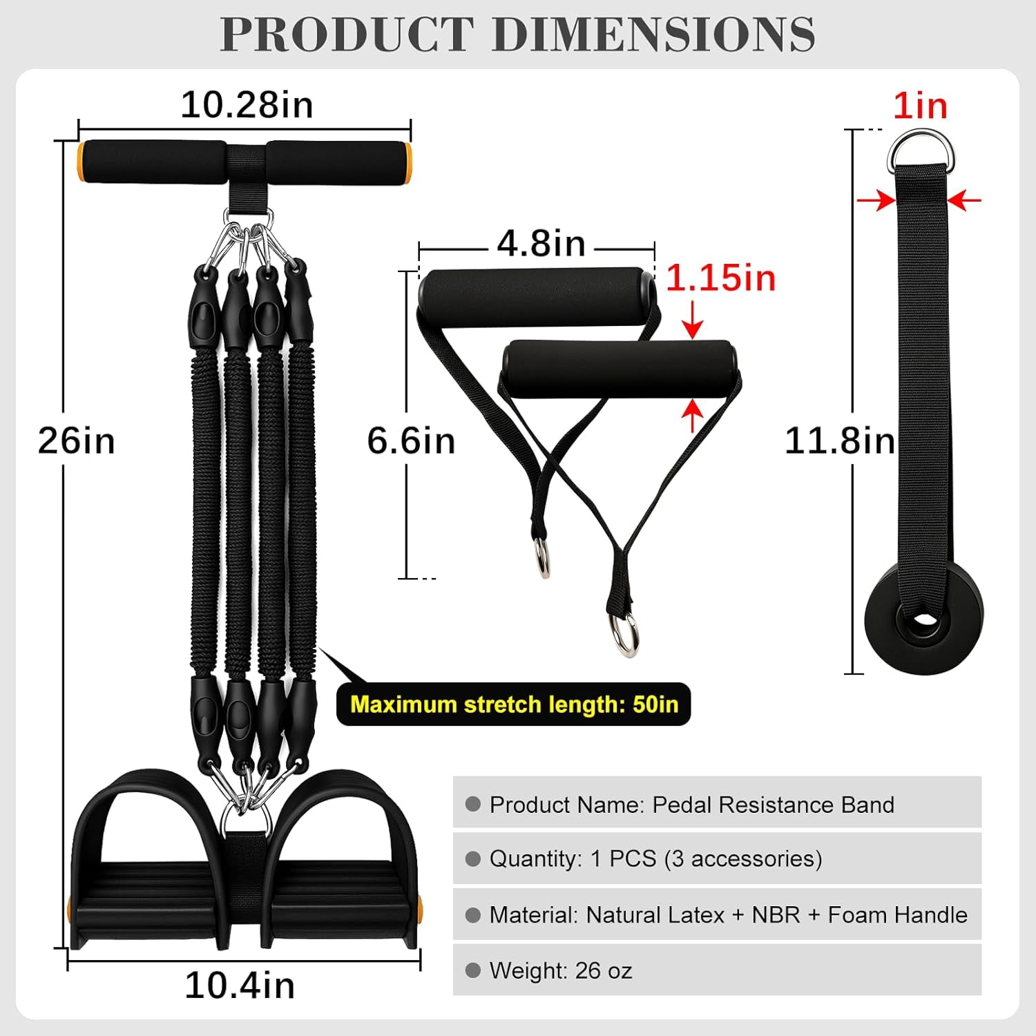 Pedal Resistance Band with Handle - Adjustable 4-Tube Sit-Up Pull Rope, 25-100 lbs, Ergonomic Handles, Full Body Home Fitness Equipment