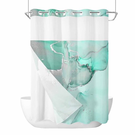 No Hook Shower Curtains with Snap-in Liner Set, Aqua Marble Waterproof Hotel Style Bathroom Shower Curtain, Modern Abstract Waves Silvery Farmhouse Breathable Mesh Top Window Bath Curtains 60''x72''