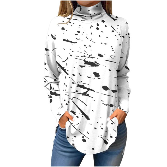 FAIWAD Plus Size Tops for Women Long Sleeve Round Neck Print Slim Stretch Pullover Tops
