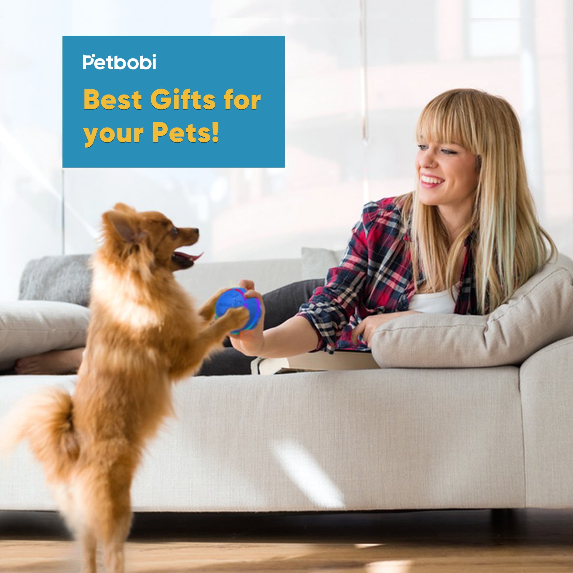 Petbobi Interactive Toy Dog Ball, Active Rolling Ball for Dogs with Flashing LED Light, Moving Bouncing Toys Ball for Medium Large Dogs, USB Rechargeable, Blue