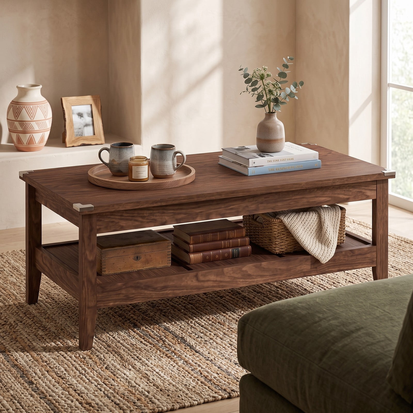 Furnibear Farmhouse Coffee Table, 2-Tier Rustic Cocktail Center Table with Thickened Tabletop and Open Storage Shelf for Living Room, Engineered Wood Rectangle, Walnut