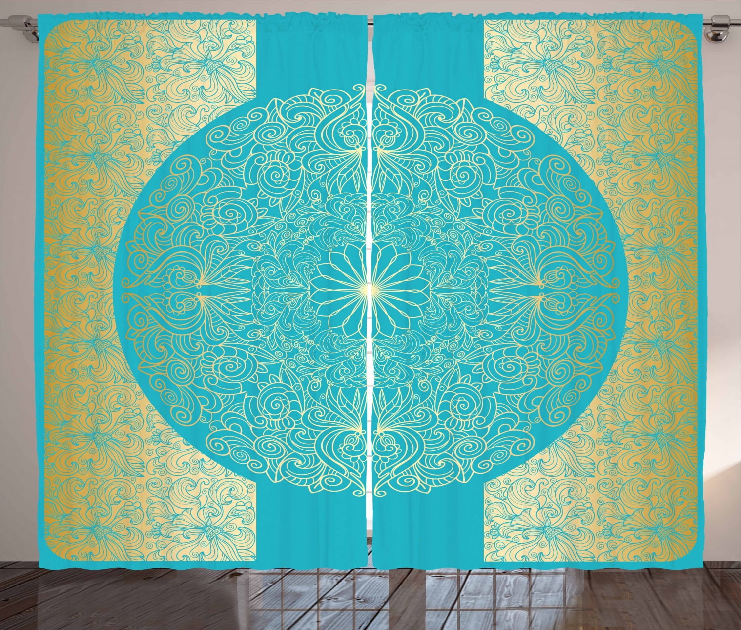 Gold Mandala Curtains 2 Panels Set, Vibrant Framework Design Circular