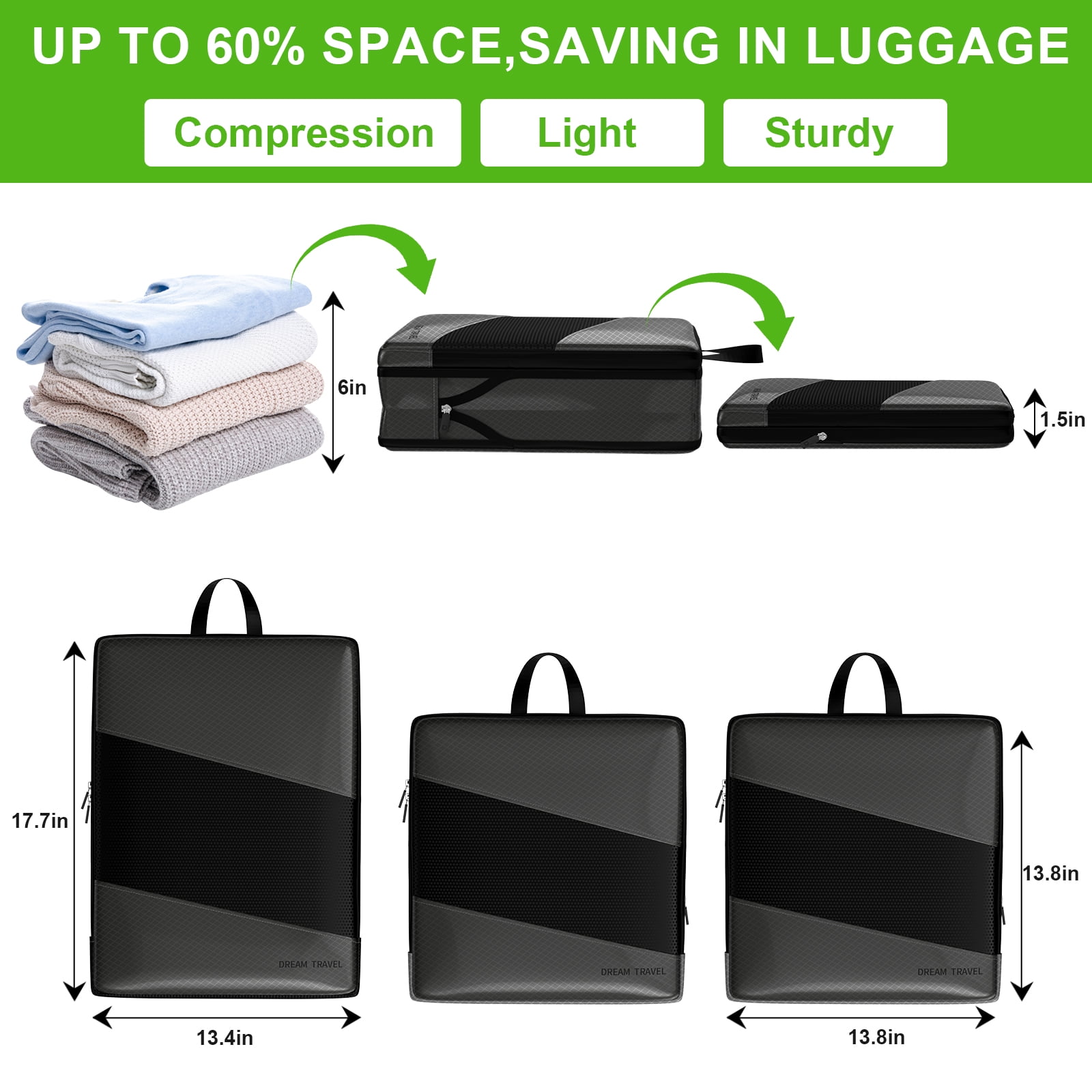 My Travel Dream 6Pcs Compressible Packing Cubes,Nylon Luggage Packing Organizers for Travel Accessories Space Saving Travel Bags for Carry On, Lightweight Laundry and Shoe Bag