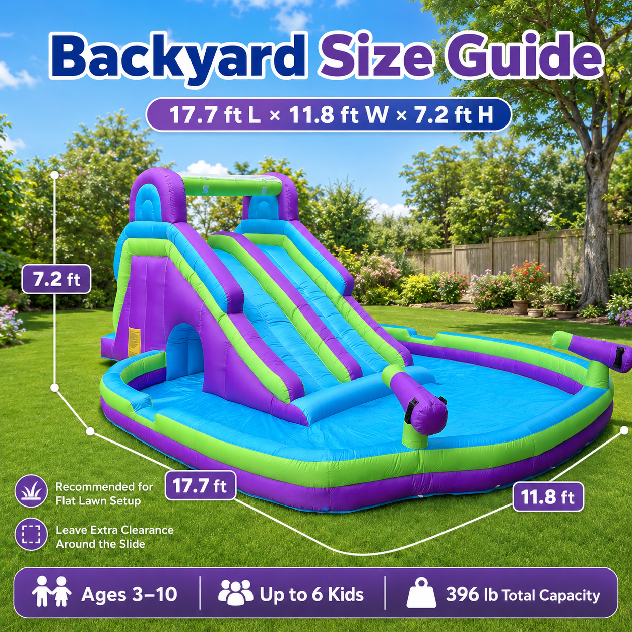 Inflatable Double Water Slide with Climbing Wall, Splash Pool & Blower Included, Oxford Backyard Water Park for Kids, Purple & Green
